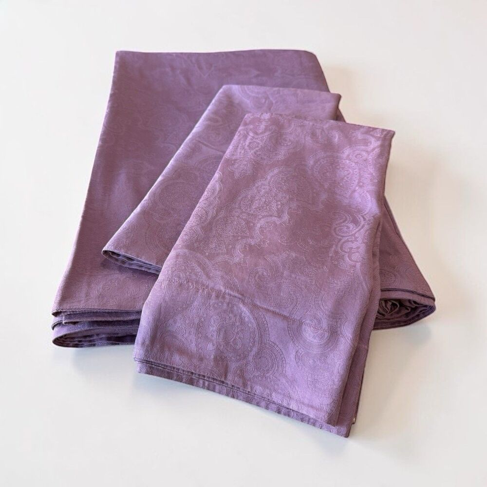 Frette Italy Cotton Lavender Damask Jacquard Queen Duvet Cover & Euro Shams X2